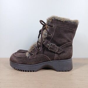 Report Ollie Boots Women 7.5 Brown Leather Fur Lined Lace Up Buckle Grunge